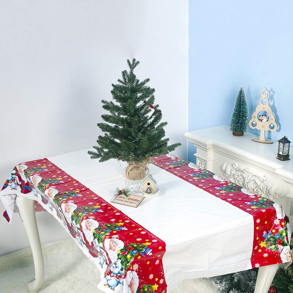 HeziCat 1PC Xmas Table Cloth Christmas Tablecloth Santa Christmas Tree Printed Waterproof PVC Tablecloth for Xmas Party Holiday Winter Home Decor, 180x110cm