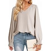 Dokotoo Womens Fall Fashion 2025 Business Casual V Neck Long Sleeve Lace Trim Tops with Smocked Cuffs Loose Blouses