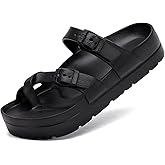 TIKVAW Womens Arch Support Platform Sandals Comfort Slides Thick Soles Flat Sandals With Adjustable Buckle & Ultra Cushion