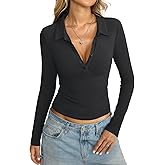 Womens Cotton Polo Collared Shirt Long Sleeve Sexy Deep V Neck Top Button Up Slim Fitted Tee Business Casual Outfit