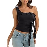 REORIA Women’s One Shoulder Tank Top Sleeveless Ruffle Double Lined Fitted Casual Top