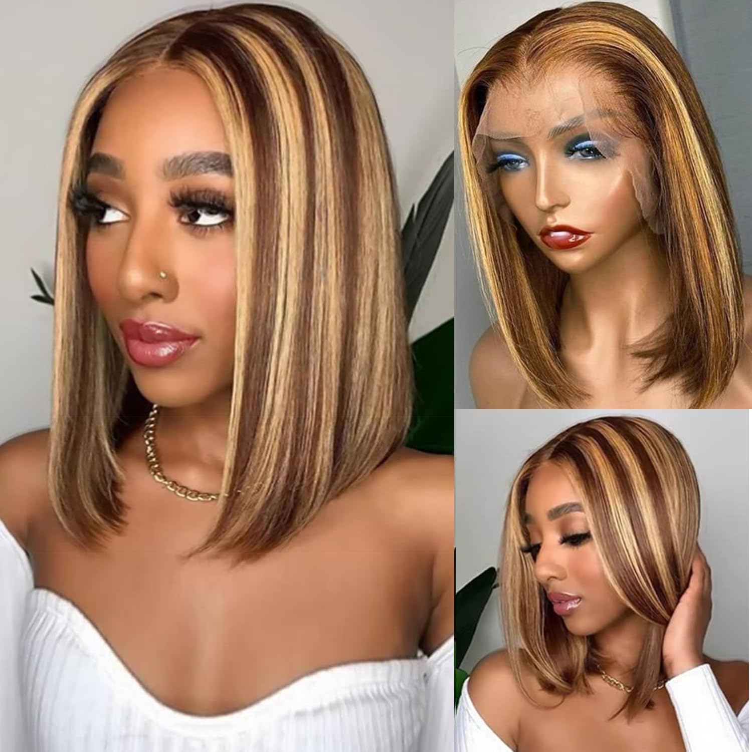 13x4 Bob Straight Human Hair Wig Lace Front Wig 100% Human Hair Pre Plucked with Baby Hair 180% Density Wigs for Black Women Natural Color (4/27 Ombre bob wig human hair, 14 Inch)