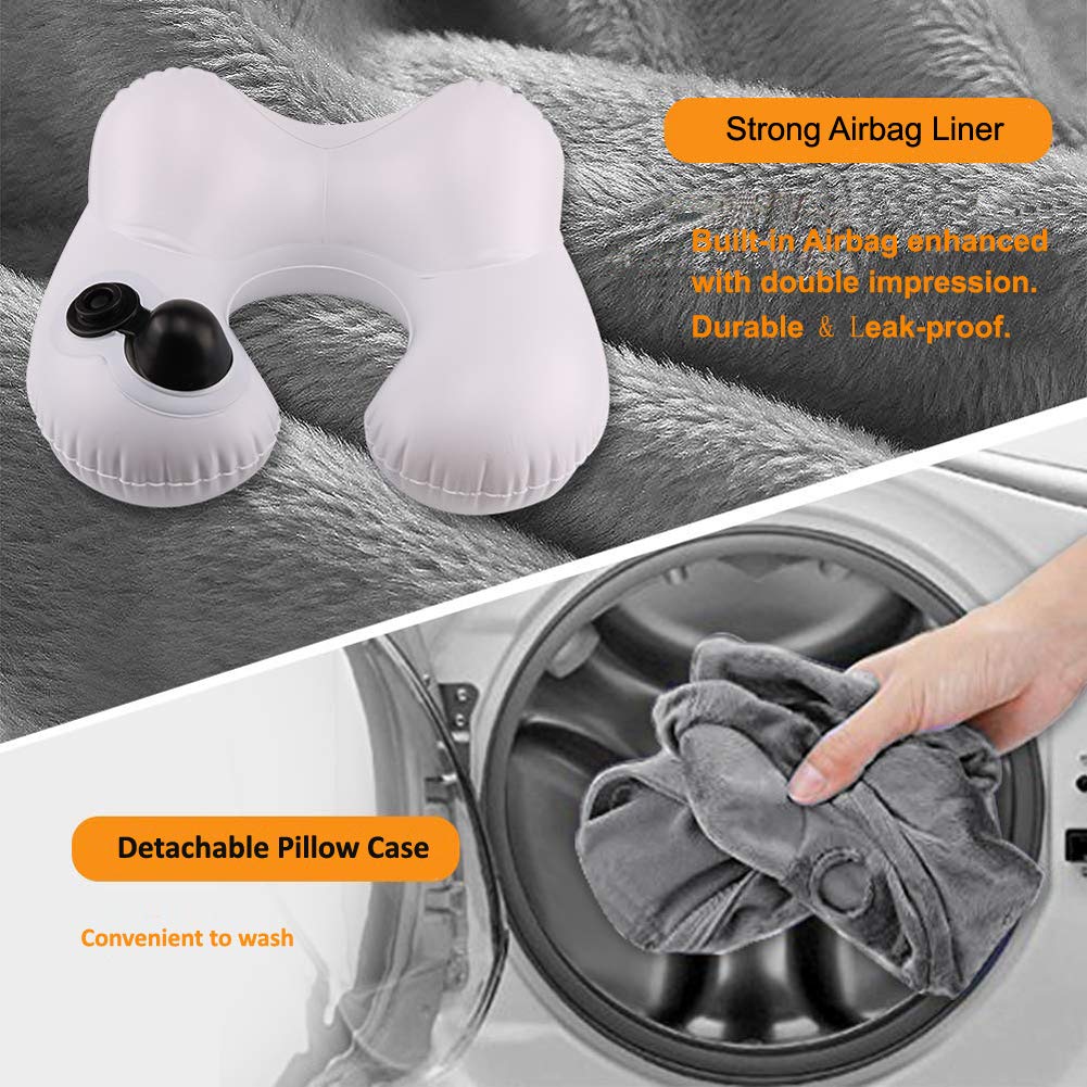 Air Travel Pillow Inflatable Neck Pillow - 2019 Newest Airplane Travel Pillow with Super Soft Velour Cover - Ergonomic Double Humps Head Chin Support Car Pillow Comfortable Space-efficient (Gray)