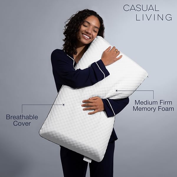 CASUAL LIVING MEMORY FOAM PILLOW QUEEN SIZE BED PILLOW INSERT WITH HYPOALLERGENIC REMOVABLE MACHINE WASHABLE COVER FOR BACK STOMACH AND SIDE SLEEPERS, QUEEN 16-INCH X 29-INCH, WHITE