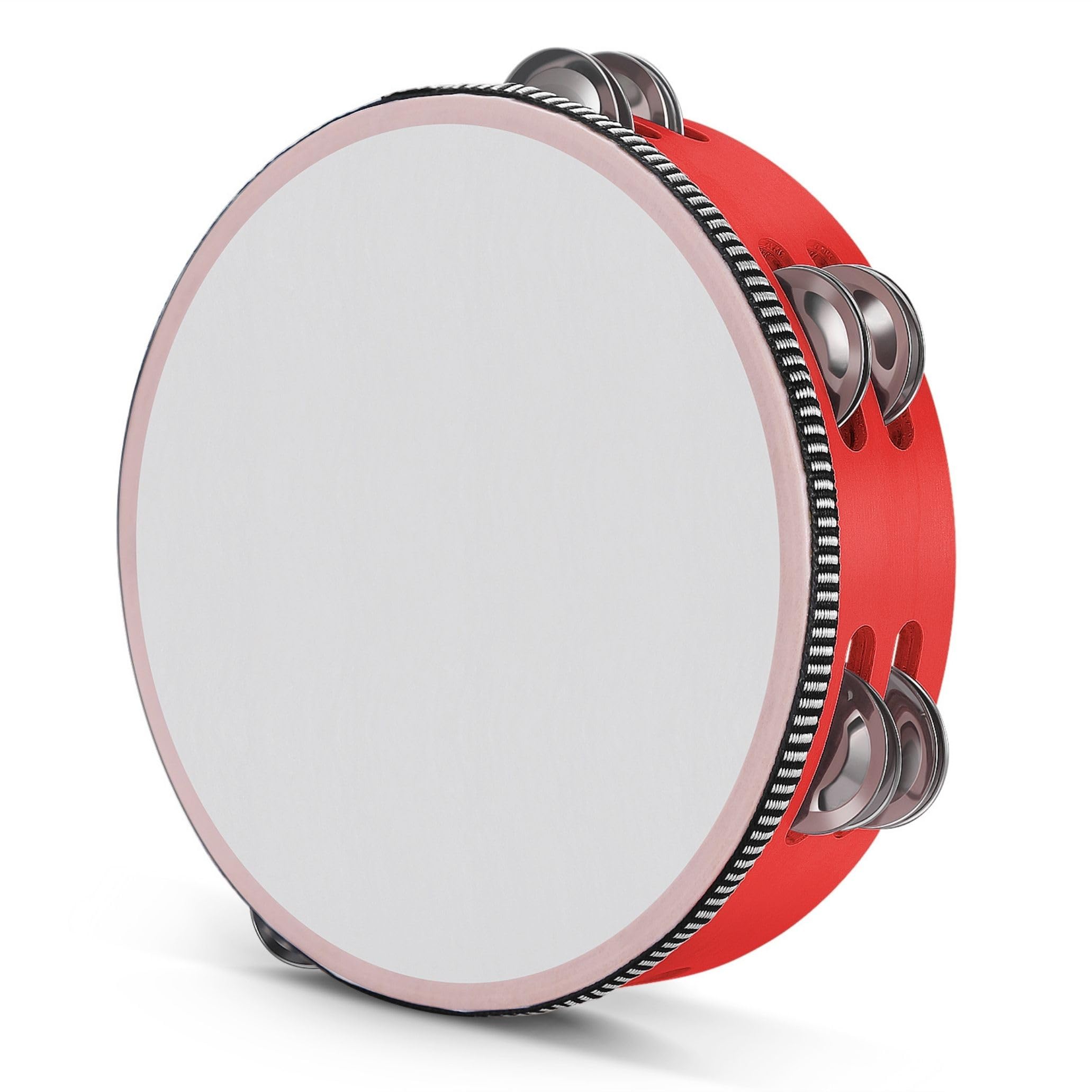 Flexzion Wood Handheld Tambourine Adults 8-Inch Double Row 8-Pair Jingles (Red) - Percussion Round Tamborines Musical Instrument with Metal Zills