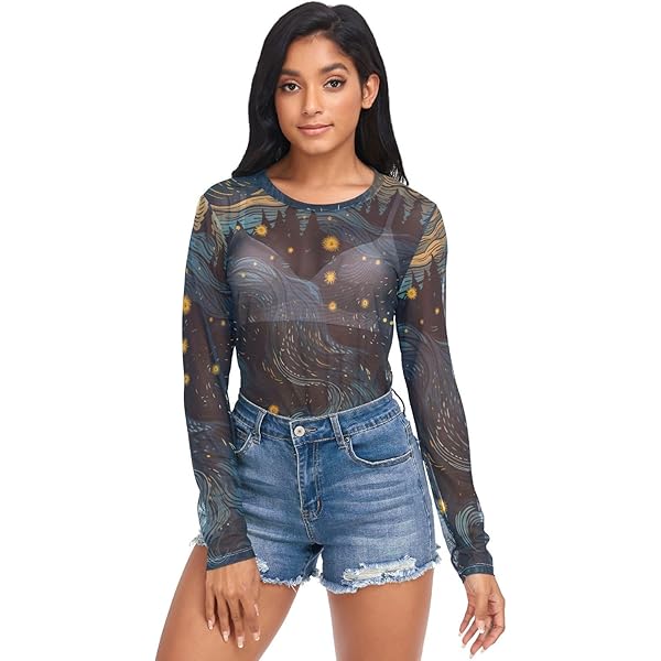 BOENLE Black-Gold Sun Moon Long Sleeve Shirts for Women Sexy