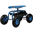 Sunnydaze Rolling Gardening Cart with Adjustable 360-Degree Swivel Seat - Utility Tool Tray and Storage Basket - Blue