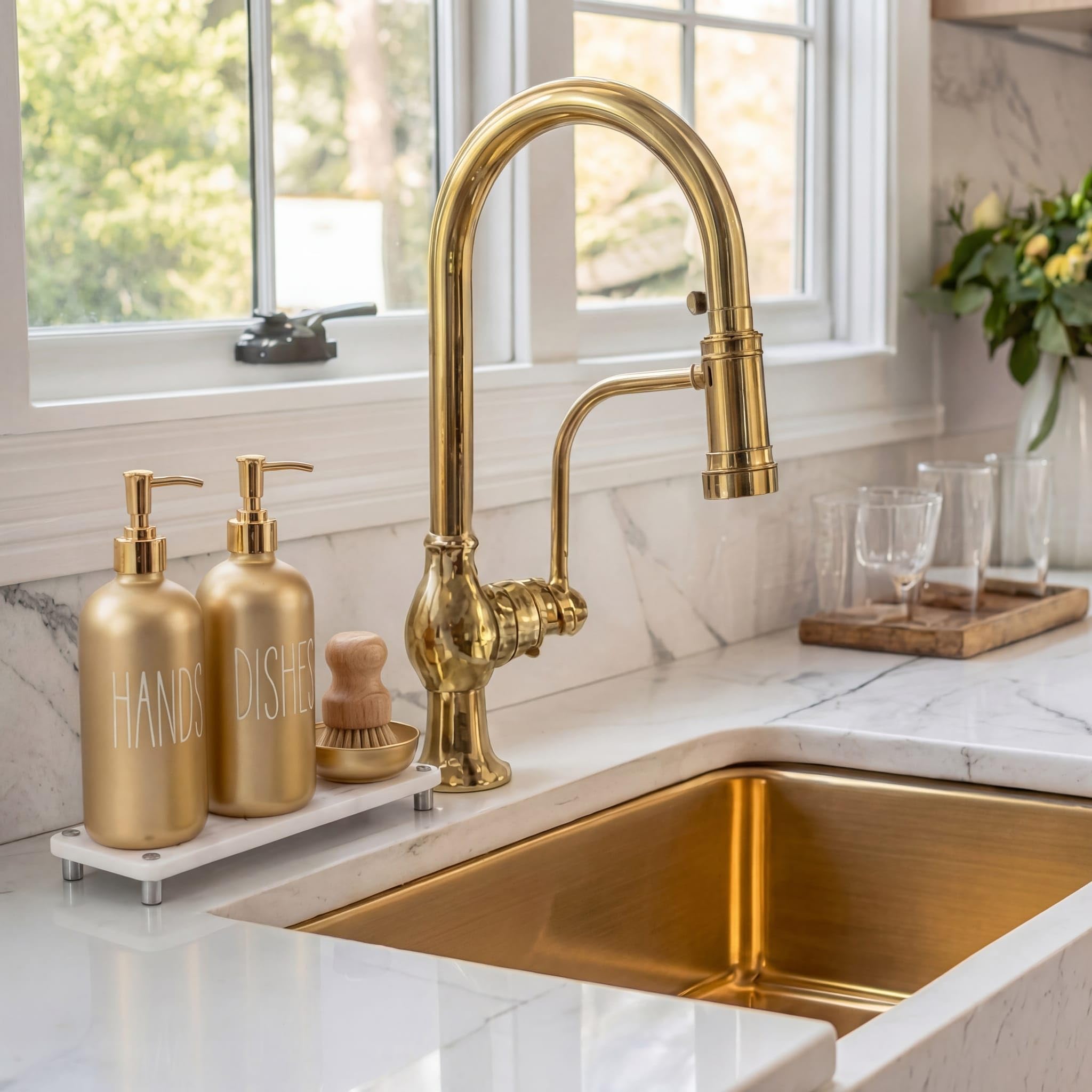 Condition photo showing New/Like New for cimorowin gold kitchen decor, 5 pcs hands dishes soap dispenser set comes with ceramic brush tray, i