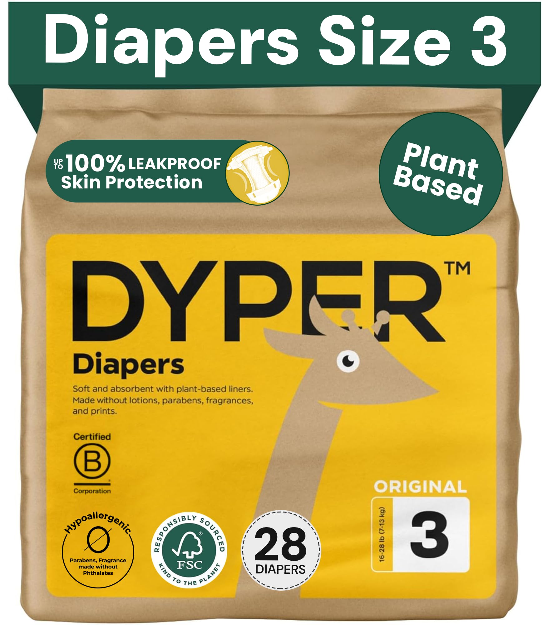 Photo 1 of DYPER - Baby Diapers Size 3 (28 Count) - Plant Based Disposable Diapers for Day and Overnight Premium Leak Protection, Skin-Friendly Comfort with Soft Size 3 Diapers (16-28 lbs)