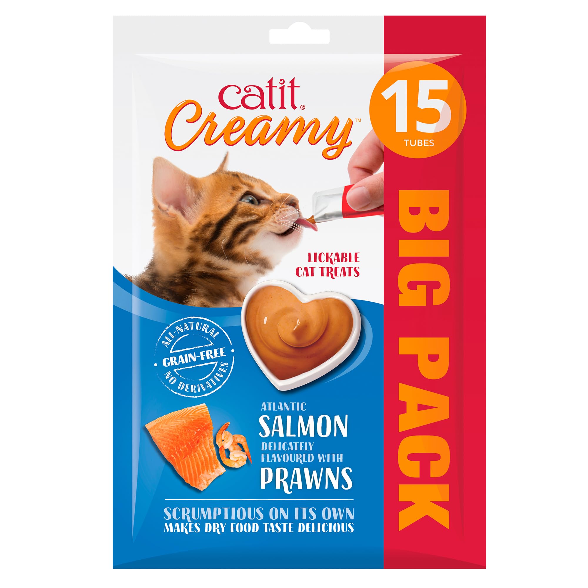 Catit Creamy Salmon & Prawn Lickable Cat Treats for Cats and Kittens, Cat Treat Licky Snack, Grain-Free Lick Treat, 15 x 10g Multipack