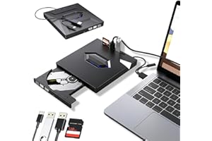 External Cd DVD Drive USB 3.0 Type-C, 7-in-1 Portable Cd Burner with Sd/Tf Card Reader & 4 USB Ports, Slim Optical Disk Drive