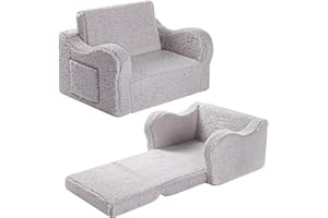 MOMCAYWEX Kids Sofa, 2-in-1 Flip-Out Foam Couch with Soft Sherpa Cover, Cozy Play Lounge Chair, Grey