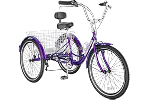 H&ZT Adult Tricycle, 3 Wheeled Bike, Trike Cruiser Bike, with 7-Speed Gear, Parking Brake Handle, Low Step, Large Rear Basket, Elderly Friendly, for Men, Women, and Teens