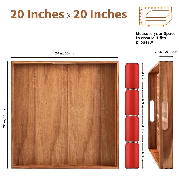 SERVING TRAY WITH HANDLES, 20 INCH LARGE SQUARE OTTOMAN TRAY ACACIA WOOD DECORATIVE TRAY FOR LIVING ROOM, OTTOMAN COFFEE TABLE, KITCHEN, APPETIZERS, BREAKFAST, PATIO, PARTY