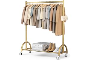 MISSLO Heavy Duty Clothing Rack with Wheels Rolling Clothes Racks for Hanging Clothes, Coats, Garment, Dress, Gold