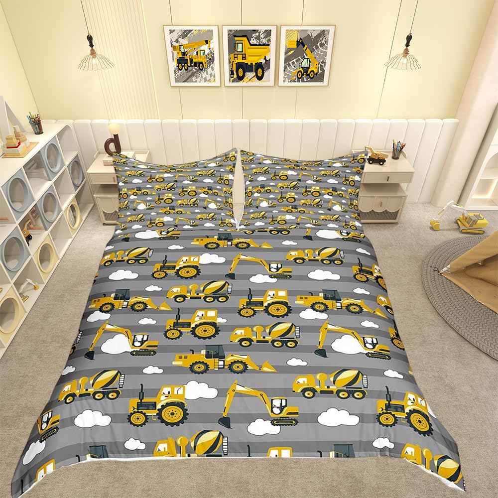Boys Excavator Cartoon Yellow Truck Crane Duvet Cover Set Digger Mixer Cute Kids Heavy Machinery Bedding Set Tractor Bedding & Linen Grey Stripe Clouds Bedding & Linen 3Pcs Double Size