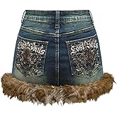 MakeMeChic Women's Mini Denim Skirt Fuzzy Zip Up Y2K Bodycon Jean Skirt with Pocket