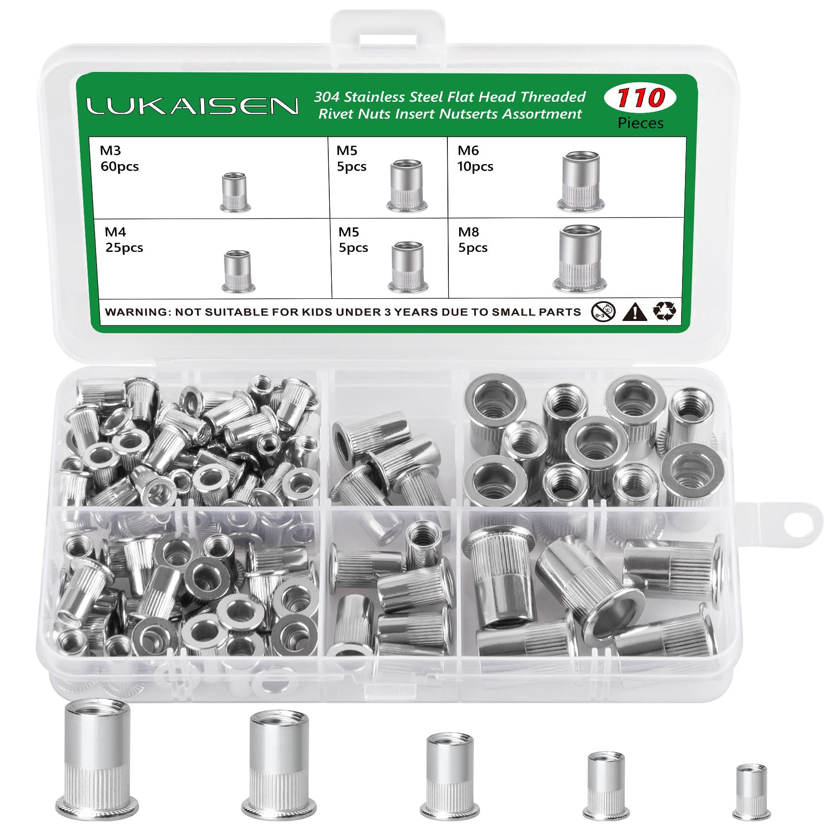 110Pcs Rivet Nuts, Metric 304 Stainless Steel Flat Head Threaded Insert Nutsert Kit, M3 M4 M5 M6 M8 Rivnuts Assortment Set for Metal Sheets, Electrical Appliances and Industrial