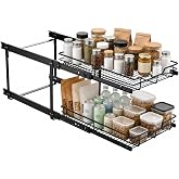 Wesliv Matte Black 2 Tier Pull Out Cabinet Organizer 15" W x 22" D, Heavy Duty Cabinet Pull Out Shelves, Slide Out Drawers Organization for Kitchen Cabinets Bathroom Pantry, Black Stainless Steel