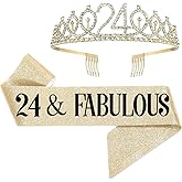 UVATAHONA 24th Birthday Sash and Tiara for Women, 24 & Fabulous Birthday Sash and Crown for Party Favors Supplies and Decorations, Gold