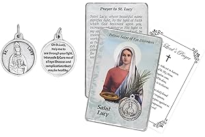 TRENDZEEN St Lucy Medal - St Lucy Prayer Card, The Lord's Prayer Card - Small Saint Lucia Medal for Men and Women - St Lucy Pendant, Patron Saint of The Blind and Those With Eye Trouble - 3 Items Total