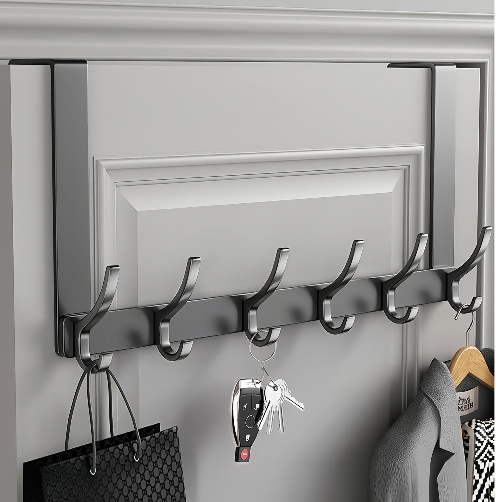Gerhannery Over Door Hanger, Heavy Duty Door Hooks Over Door Hook, Rust Resistant Over Door Hangers, Space Saving Over Door Coat Hooks for Hanging Coat Towel Bag (Black-6 Hooks)