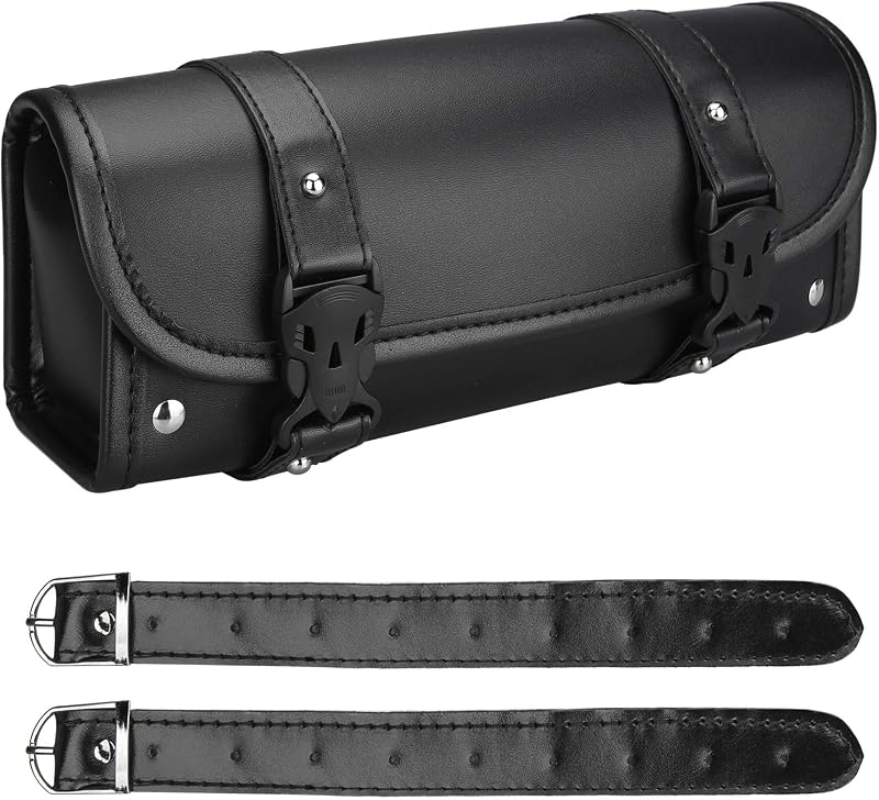 wiipara Motorcycle Saddle Bag PU Leather Round Handlebar Tool Bag Large