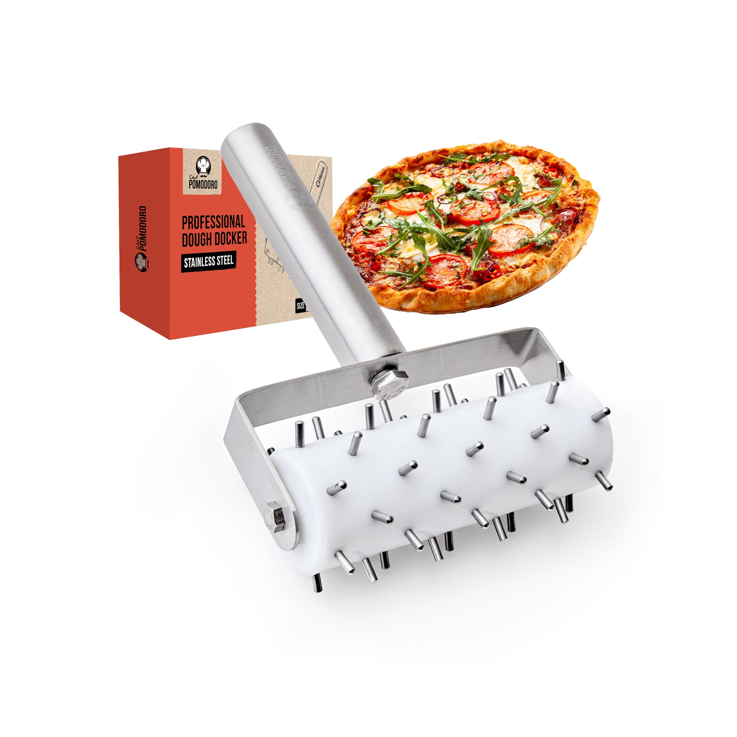 Chef Pomodoro Stainless Steel Pizza Roller - 21 x 14.5 cm, Spike Length 7 mm - Premium Pizza Docker and Dough Docker