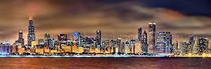 PHOTOSBYJON Chicago Skyline Night Borderless UNFRAMED Photo Poster Print Color Downtown 11.75 inches x 36 inches Archival Photographic Panorama Picture