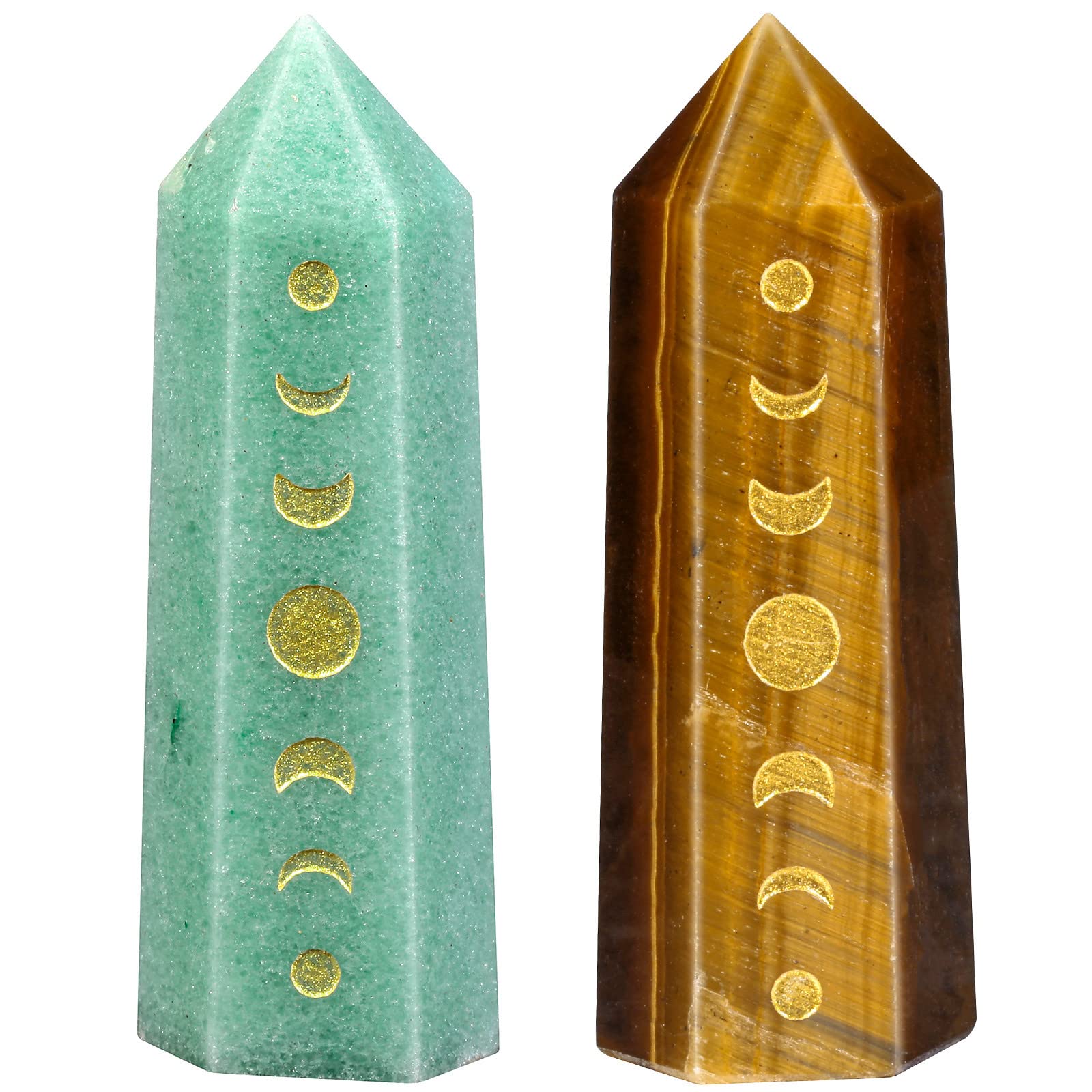 Nupuyai 2pcs Tiger's Eye & Green Aventurine Engraved Moon Phase Lunar Eclipse Faceted Crystal Point Wand Set, Prism Quartz Point Stone for Reiki Chakra Healing Home Decor