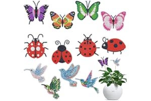 SOEWIOU Diamond Art Kits, 12 Pcs Butterfly Hummingbird Ladybug Stakes Diamond Painting Kits for Adults Kids, 5D DIY Butterflies Ornaments Diamond Art Supplies Crafts for Indoor Outdoor Garden Yard Party Decor