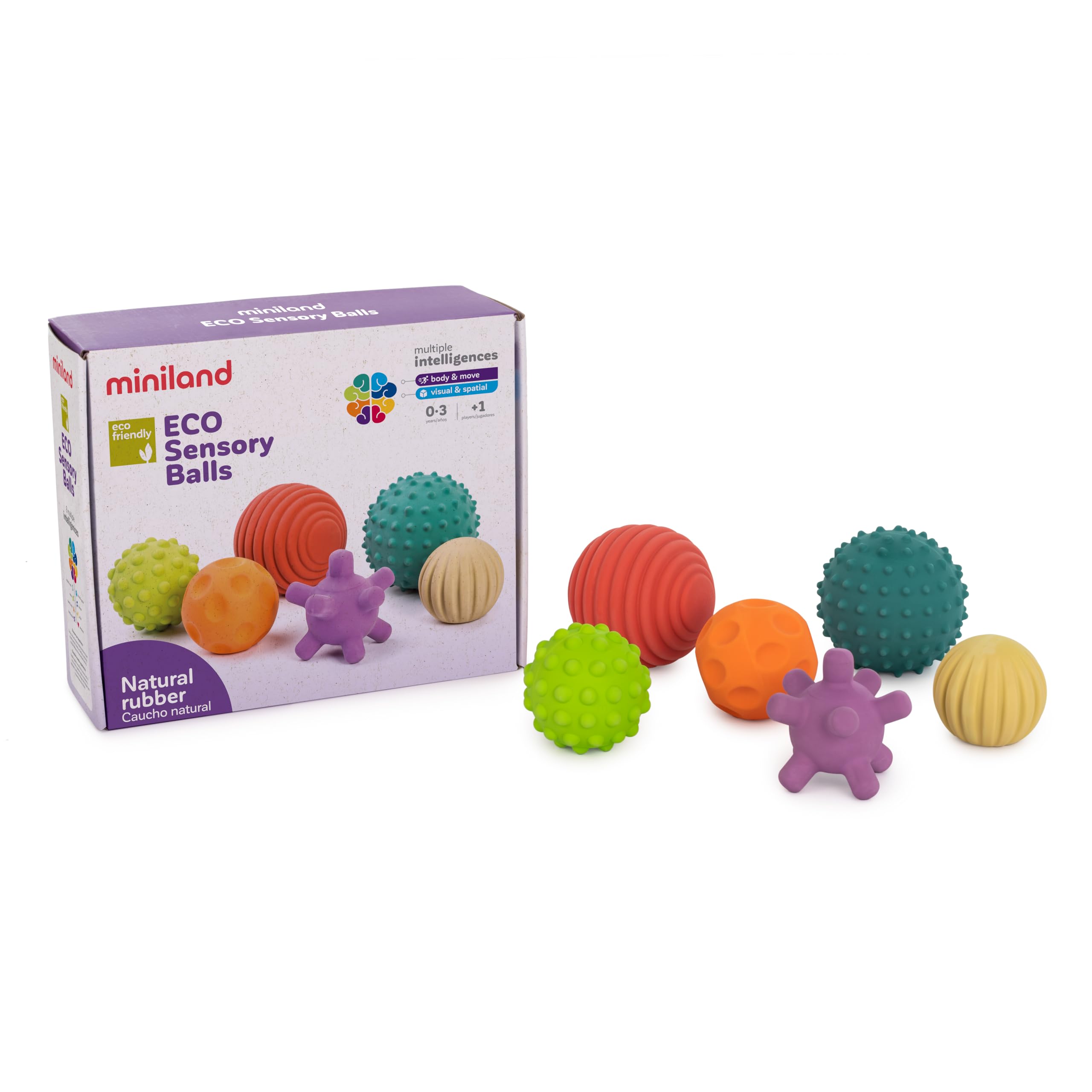 Miniland Sensory Balls, Babies Birth to Toddlers Age 4, Natural Rubber Latex, Soft Teething Toys, Easy Grip Play, Textured, Colors Multi-Sensory Stimulation, Motor Skill Development