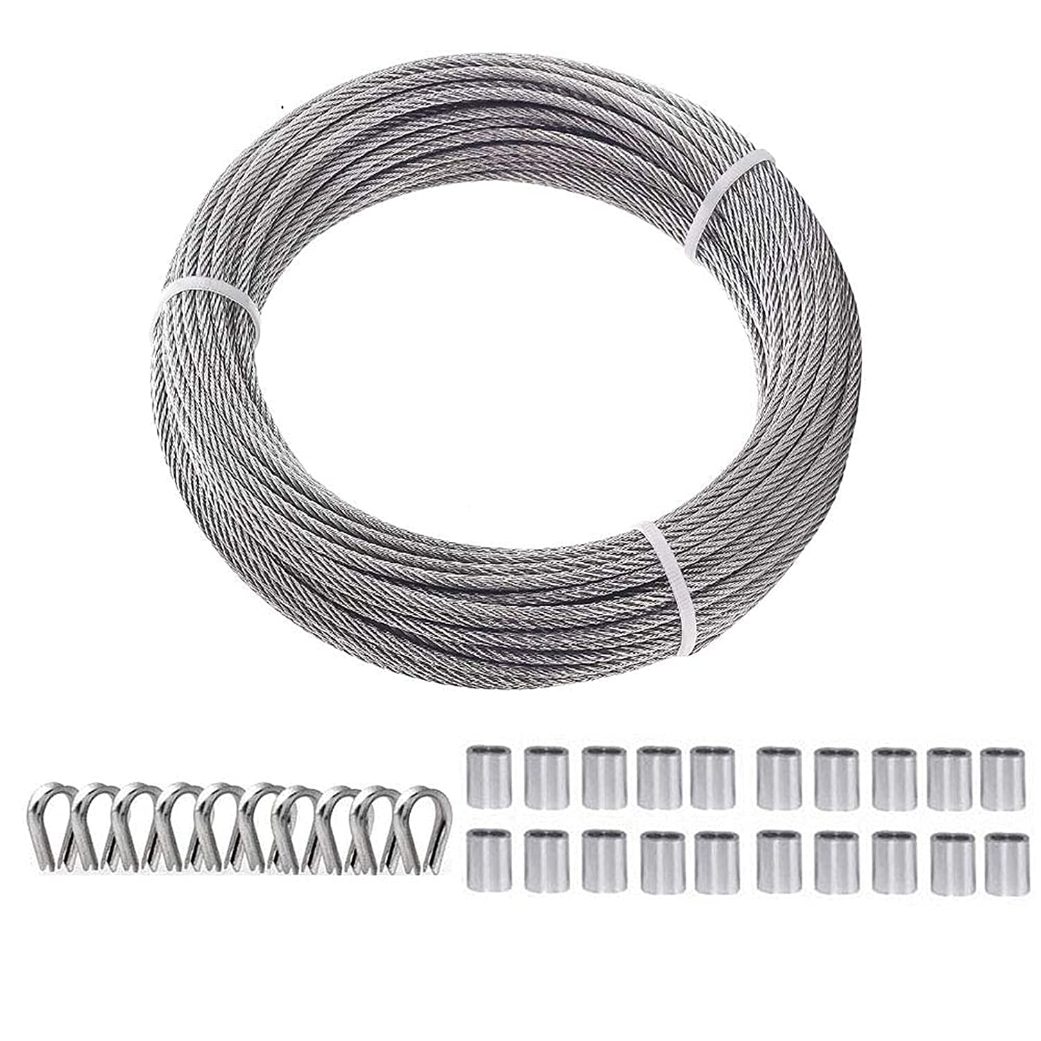 TooTaci 3mm Stainless Steel Wire Rope, 15M/3mm PVC Coated, with 20pcs Crimping Sleeves & 10pcs Thimbles, for Garden, Fence, Cable Railing