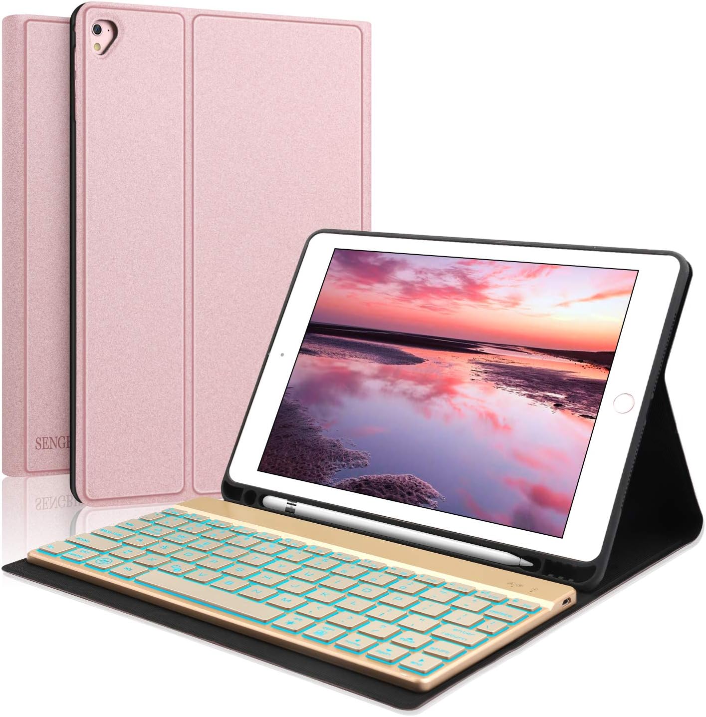 Keyboard Case for iPad 9.7 (5th Gen) - iPad 6th Generation - iPad Air - iPad Air 2 - iPad Pro 9.7 - Pencil Holder - Backlit Keyboard - Auto Week and Sleep - iPad Keyboard Case 9.7 (Rose Gold, 9.7)