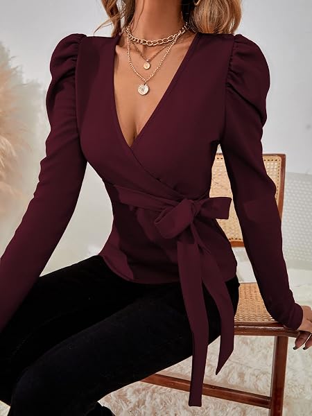 MILUMIA WOMEN’S ELEGANT BELTED WRAP V NECK BLOUSE PUFF LONG SLEEVE SHIRTS WORK TOPS BURGUNDY SMALL