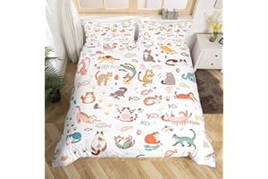 Homewish Cute Cat Duvet Cover Set Twin Size Cat Paw Fish Print Bedding Set 2Pcs for Kids Girls Boys Women Bedroom Decor Cartoon Animals Comforter Cover Watercolor Kawaii Quilt Cover, 1 Pillowcase