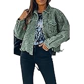 LCRRRN Womens Cropped Corduroy Jacket Casual Button Down Shacket Coat Fringe with Frayed Hem