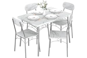 VECELO 5-Piece Dining Room Table Set, Rectangular Dinette with 4 Chairs for Kitchen, Breakfast Nook, Small Space, Marble White