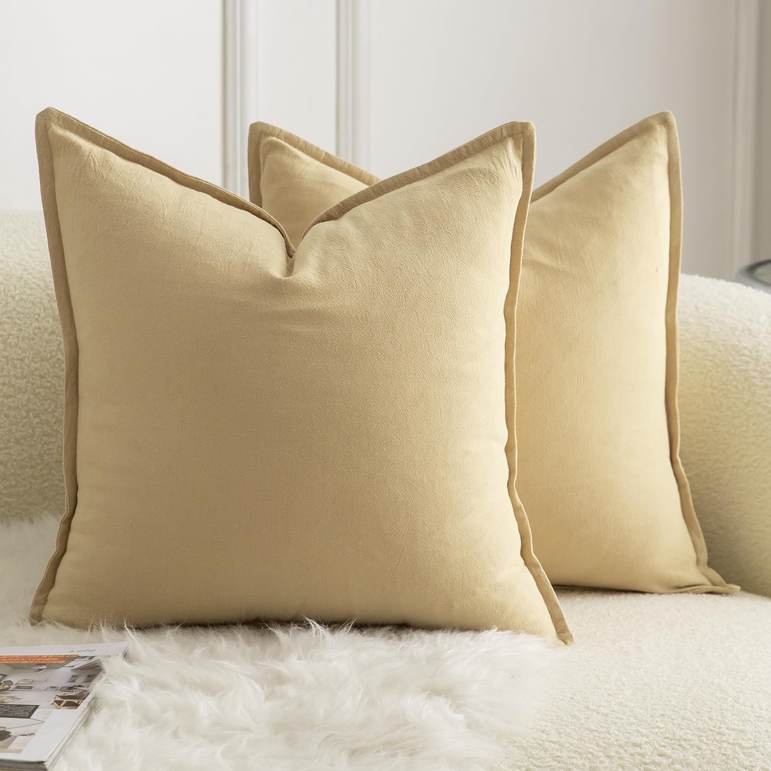 Mandioo Pack of 2 Neutral cotton Cushion Covers 55x55 cm 22x22 inch Solid Decorative Couch Throw Pillowcase Boho Farmhouse Home Decor for Sofa Living Room Bed Bedroom Khaki