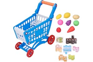 CHEOTIME 15pcs Kids Shopping Cart Trolley Play Set, Supermarket Playset with Pretend Food and Accessories for Ages 3+ and Role Playing Games Learning Development (Pinkish Color) (Blue)