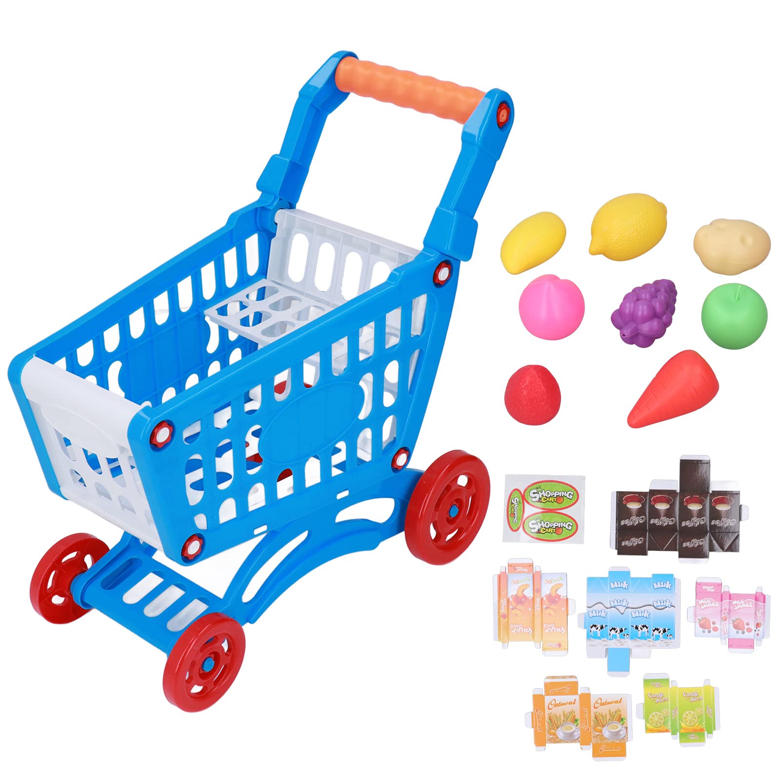 Photo 1 of CHEOTIME 15pcs Kids Shopping Cart Trolley Play Set, Supermarket Playset with Pretend Food and Accessories for Ages 3+ and Role Playing Games Learning Development (Pinkish Color) (Blue)