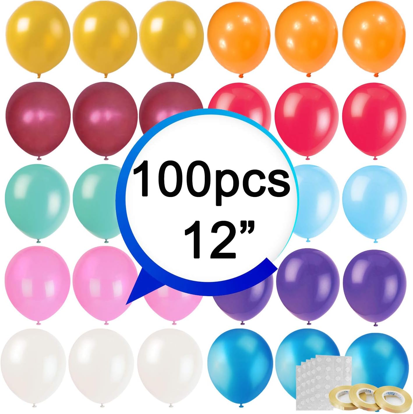 Party Balloons 12 Inches Rainbow Set (100 Pack), Assorted Colored Party Balloons