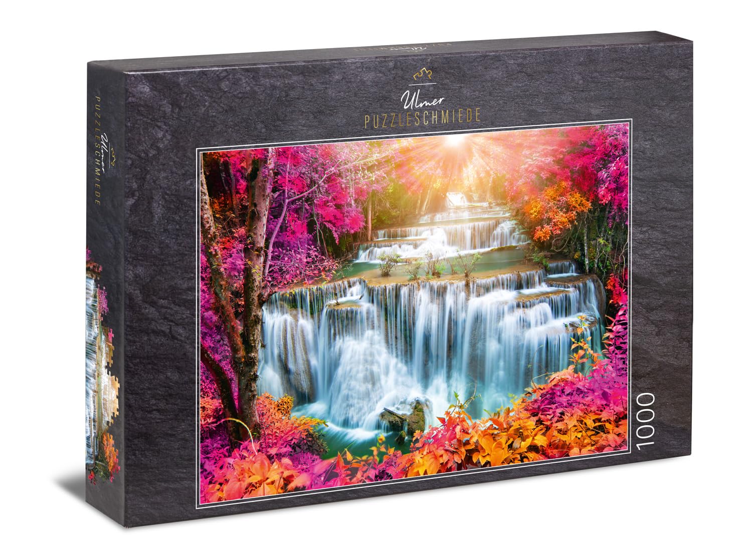 Ulmer Puzzleschmiede - "Cascades in Autumn Magic" Puzzle - Classic 1000 Piece Landscape Puzzle - Puzzle motif of picturesque waterfall steps in the mystical colourful autumn forest