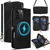 Rssviss Wallet Case for iPhone 16 Pro Max Crossbody with Card Holder Wrist Strap, Flip Zipper Case Compatible with Magsafe, RFID Blocking Purse Cover for iPhone 16 Pro Max Women Men 6.9 inch Black