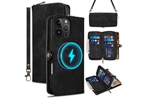 Rssviss Wallet Case for iPhone 16 Pro Crossbody with Card Holder Wrist Strap, Flip Zipper Case Compatible with Magsafe, RFID Blocking Purse Cover for iPhone 16 Pro Women Men 6.3 inch Black