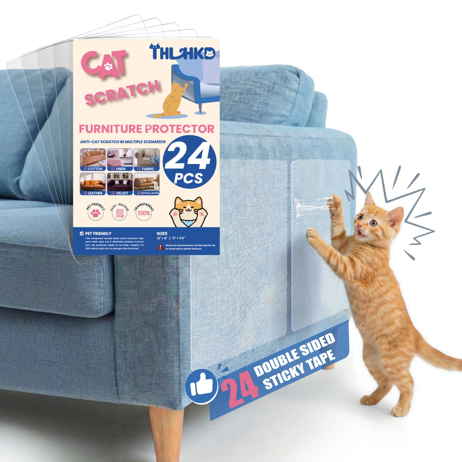THLHKD Cat Scratch Furniture Protector: 12PCS Double Side Tape Couch Anti Cat Scratch Deterrent, Indoor Anti-Scratch Sofa Clear Protectors for Pet ﻿