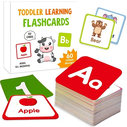 Alphabet ABC Flash Cards, for Toddlers Age 1 to 4, 60PCS Double Sided Learning Cards, Baby Flashcards Speech Development Toys, First Words Educational Game, Animals, Numbers, Letters