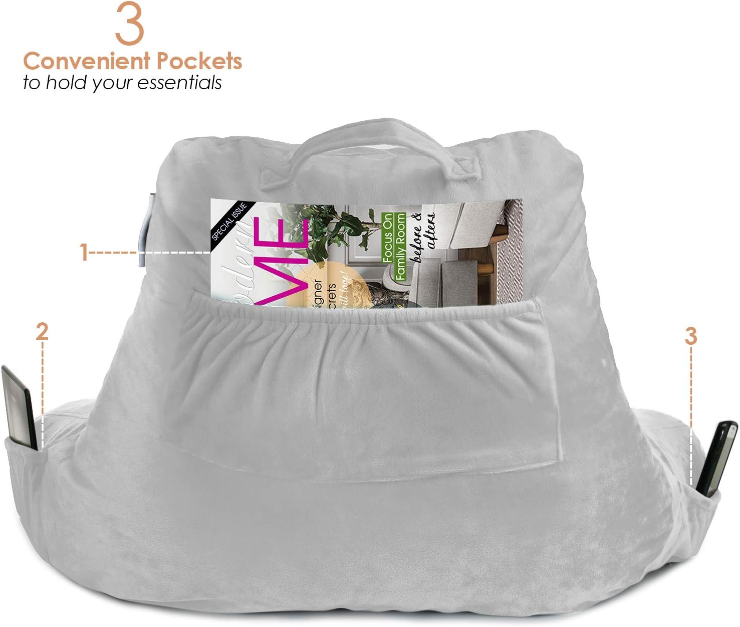 Nestl Reading Pillow, Medium Bed Rest Pillow with Arms for Kids Teens & Adults – Premium Shredded Memory Foam TV Pillow - Silver: Home & Kitchen