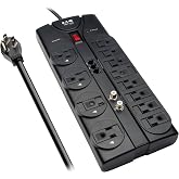 Eaton Tripp Lite TLP1208TELTV Flat Plug Surge Protector TV &amp; Phone Ports | Coax &amp; Phone Protection Power Strip | 12 Outlets, 2880 Joules, 8ft Extension Cord, Under Desk &amp; Wall Mountable