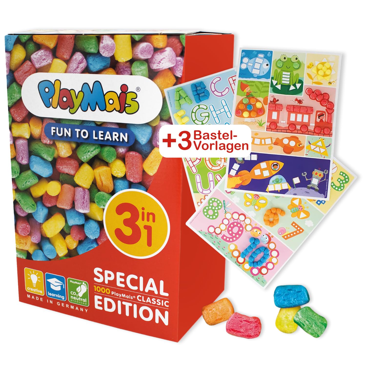 PlayMais - Fun to Learn 3-in-1 – for children from 3 years I motor skills toy with more than 1000 pieces, templates and instructions I natural toy I promotes creativity and fine motor skills